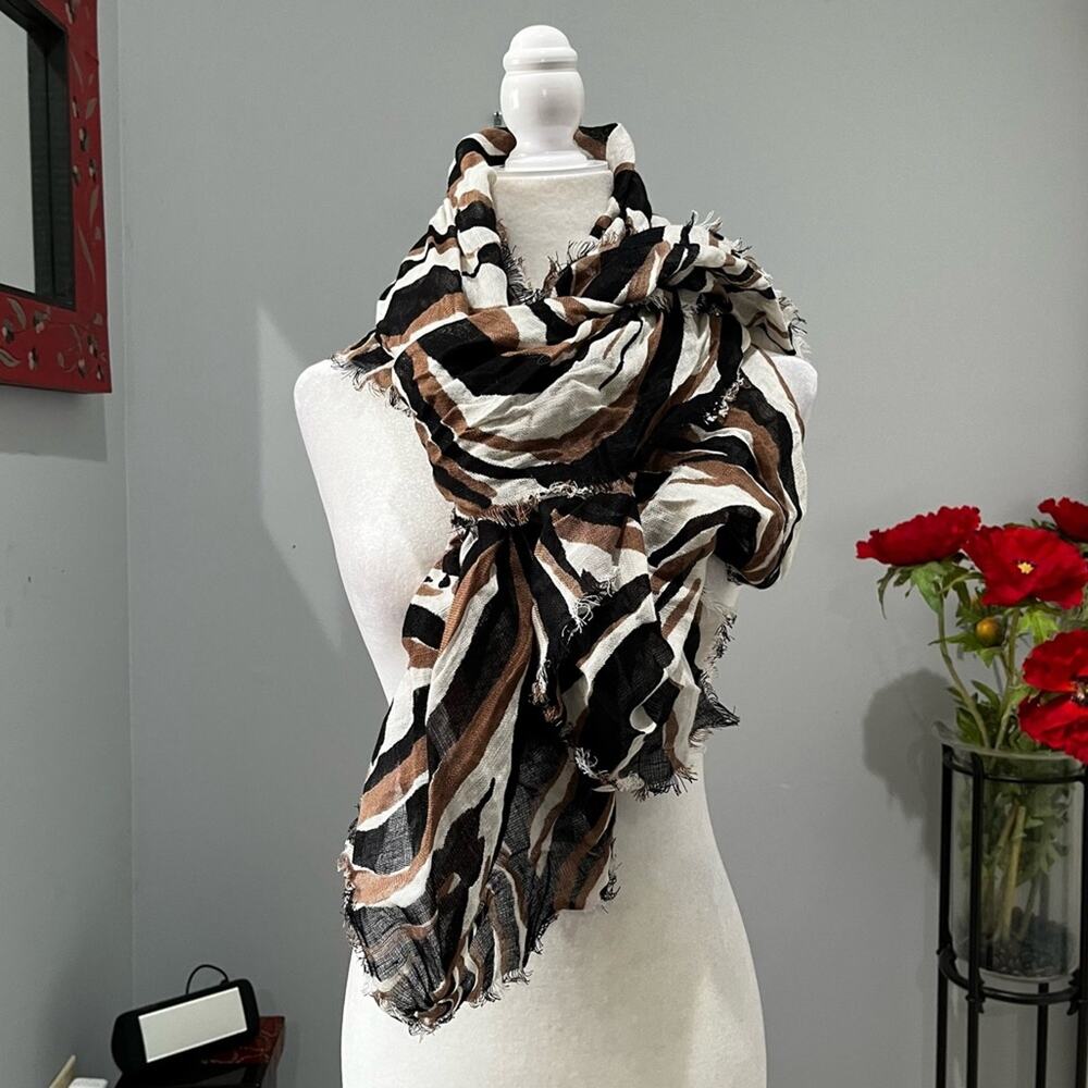 NEW Ann Taylor Loft Linen Multicolor Raw Hem Oversized Neutral Wrap Scarf OS NWT